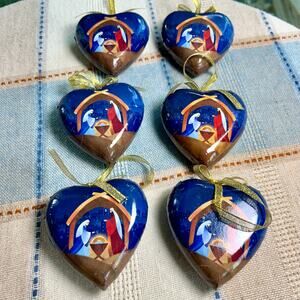 Set of 6 Heart-Shaped Nativity Ornaments – 3.5” Christmas Decor